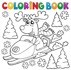 Coloring book reindeer in snowmobile