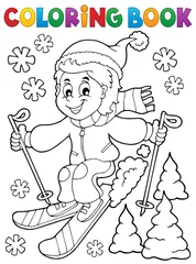 Poster de jardin Pour enfants Coloring book skiing boy theme 1