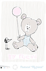 Cute cartoon teddy bear with pink balloon and black little bird in vector illustration