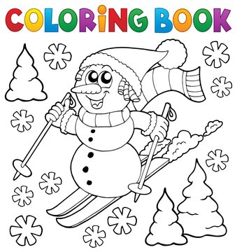 Coloring book skiing snowman theme 1