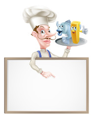 Cartoon Chef Holding Fish and Chips Sign