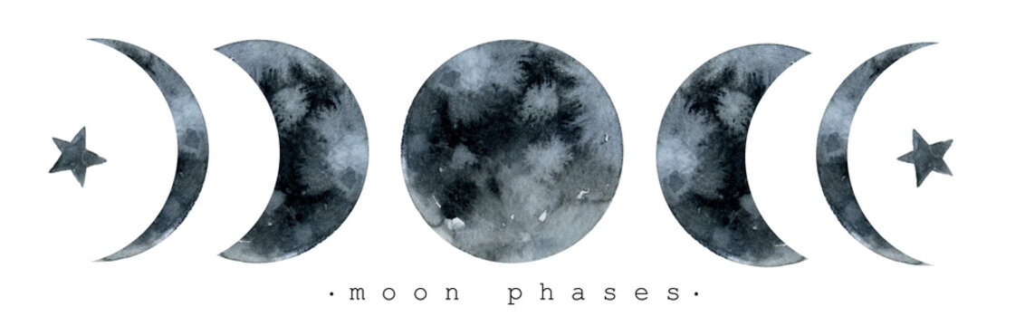 Moon various phases. Trendy watercolor illustration isolated on white background