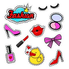Fashion patch badges with lips, shoes, lipstick, speech bubbles, crown, eyelashes, nail polish, duck, bow, and other elements. Set of girlish stickers, patches in cartoon isolated on white background