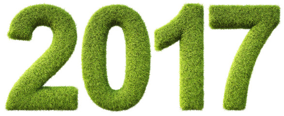 new 2017 year from the green grass. isolated on white. 3D illustration.