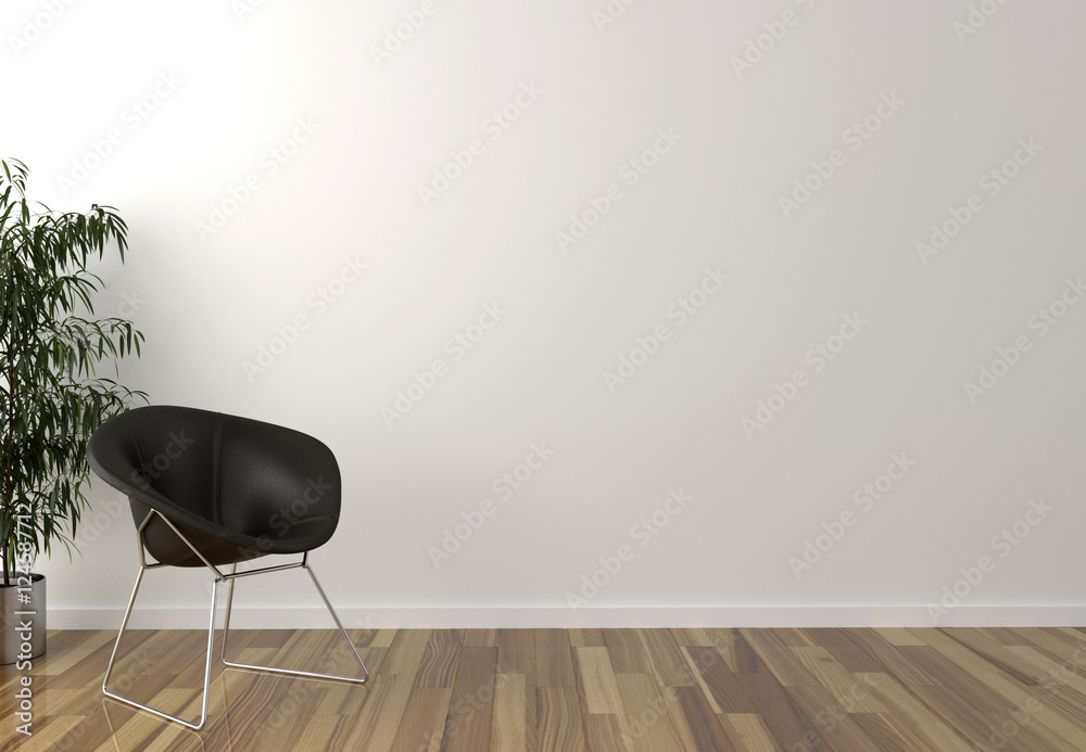 Wall mural Solo black chair, interior plant and blank wall in background