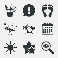 Beach holidays icons. Cocktail, human footprints.