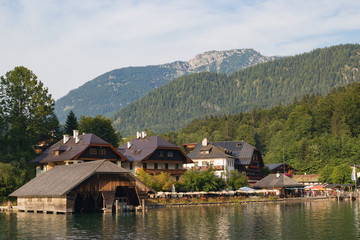 Fototapeta na wymiar Lake Konigssee german village countryside Bavaria wooden traditional mountain