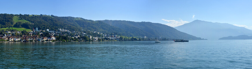 Fototapeta na wymiar Panorama with lake and the town Zug and mount Rigi in Switzerland