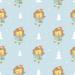 Seamless pattern with cute cartoon hedgehogs  in coats  and hats on blue  background. Winter time. Snow day. little creatures in clothes. Funny animal. Vector contour image. Children's illustration.