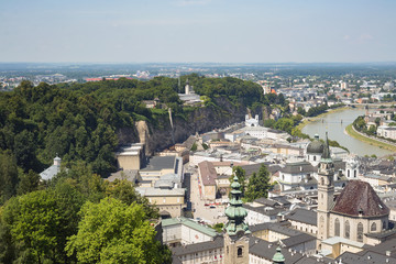 Fototapeta na wymiar Salzburg aerial drone view city cityscape center church river