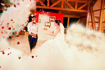 Wedding dance in restaurant with varioius lights and smoke