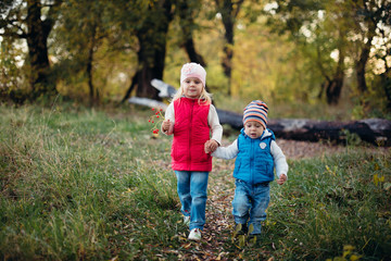 little girl with a boy walking in the autumn park, brother and sister in the woods