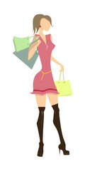 Isolated shopping woman on white background. Elegant, young and slim woman in beautiful outfit with colorful shopping bags.