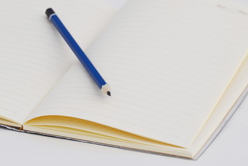 Blue pencil on blank notebook.