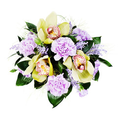 Colorful floral bouquet of roses, cloves and orchids isolated on white background.