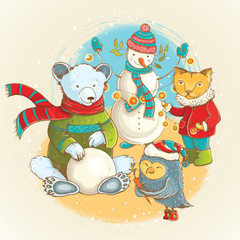 Vector christmas illustration with cute animals and snowman