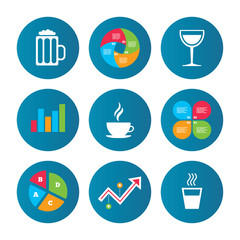 Drinks signs. Coffee cup, glass of beer icons.