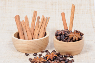 Chinese star aniseed Cinnamon and Coffee seeds on brown mat