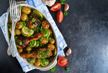 Baked potatoes with chicken and vegetables on a black background