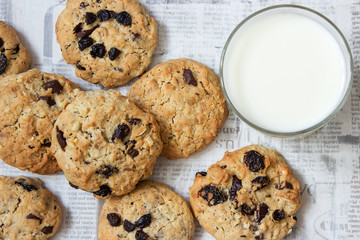 Closeup of homemade moms chocolate cookies with glass of milk