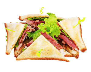 Sandwiches with  chicken, bacon and vegetables isolated on white background. Closeup.