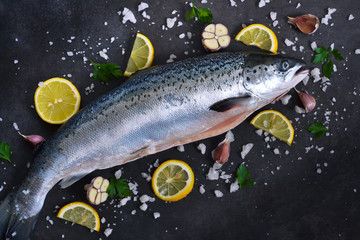 Obraz na płótnie Canvas Fresh raw salmon with salt and lemon on a black background. 