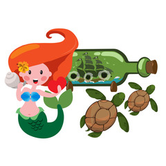 Mermaid, sea turtles and ship in a bottle. Marine theme Graphics.