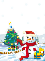 Cartoon santa claus with the sack full of presents - gifts - happy snowman - with christmas tree - illustration for children - christmas design