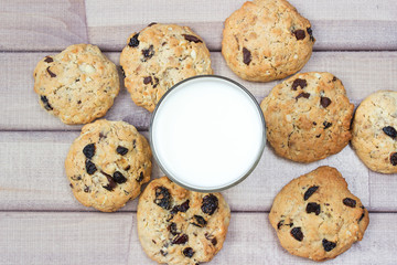 Closeup of homemade moms chocolate cookies with glass of milk