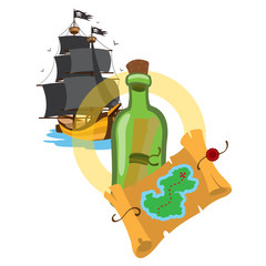 Pirate ship, treasure map, a bottle with a message. Graphics Pirate theme.