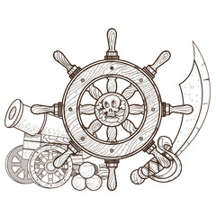Cannon, a steering wheel, a sword. Graphics Pirate theme.