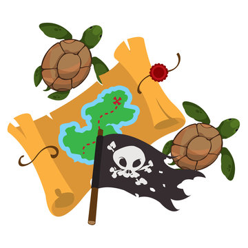 Treasure map, pirate flag, sea turtles. Graphics Pirate theme.