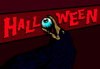 Black crow raven holding bloody eyeball in beak halloween design vector illustration