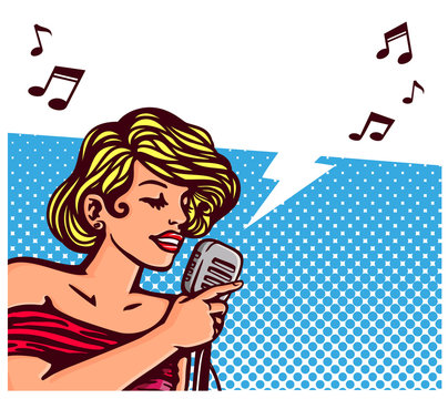 cute pop art blond female singer girl singing with vintage microphone comic book panel vector illustration
