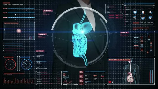 Businesswoman touching digital screen, Zooming body scanning internal organs, Digestion system in digital display.Blue X-ray view. 
