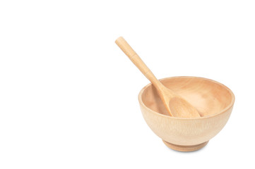 Wooden seasoning bowl set with spoon on white background.