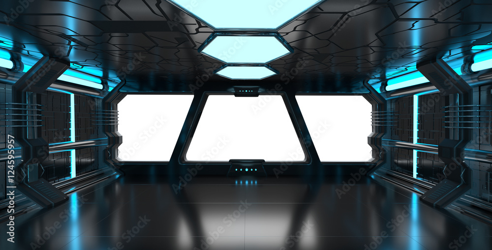 Fototapete Spaceship blue interior with empty window 3D rendering elements