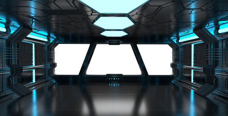 Spaceship blue interior with empty window 3D rendering elements © sdecoret