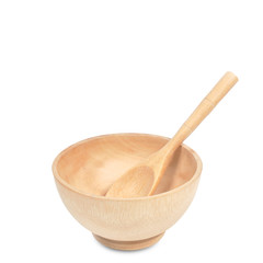 Wooden seasoning bowl set with spoon on white background.