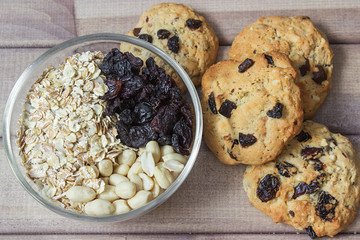 Ingredients for baking healthy cookies and ready cookies