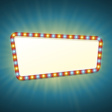 Blank 3d retro light banner with shining bulbs. Red sign with yellow and blue lights and blank space for text. Vintage street signboard. Advertising frame with glow. Colorful vector illustration.