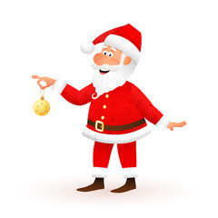 Santa Claus flat character isolated on white background. Standing funny old man is holding yellow Christmas ball with snowflake and smiling. Christmas and New Year cartoon vector illustration.
