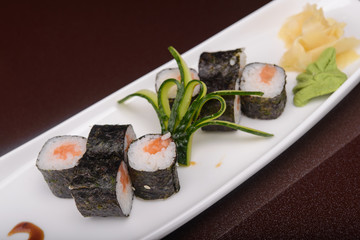 Sushi rolls on a white plate