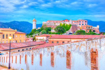 Panoramic view over Stella fortress, Portoferraio town of  isola d'Elba, Elba island in Tuscany region, Italy.