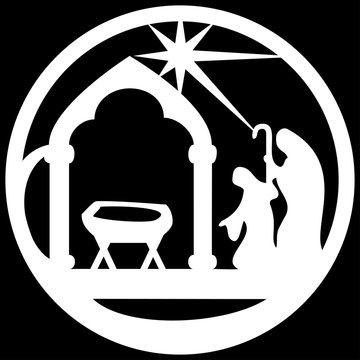 recommend clip art: Adoration of the Magi silhouette icon vector illustration white on black  background. Scene of the Holy Bible