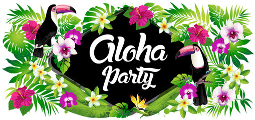 Aloha party! Vector illustration of tropical birds, flowers, leaves. - obrazy, fototapety, plakaty