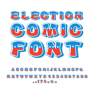 Election comic font. Political debate in America alphabet. USA N