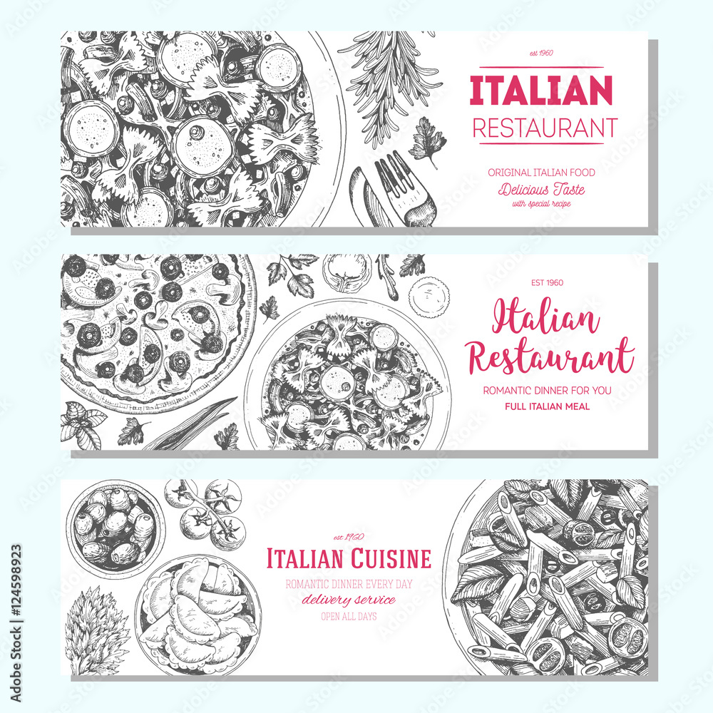 Wall mural italian food vintage design template. horizontal banners set. vector illustration