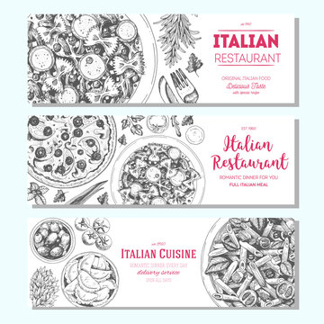 Italian food vintage design template. Horizontal banners set. Vector illustration