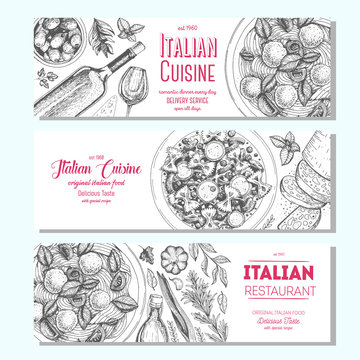 Italian food vintage design template. Horizontal banners set. Vector illustration